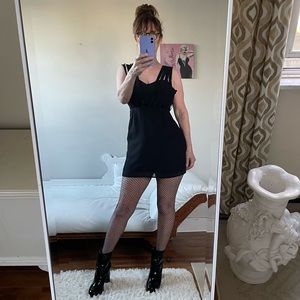 DOUBLE IN BRASS BLACK SLEEVELESS TUNIC DRESS SHEER LINED SNAPS TUXEDO